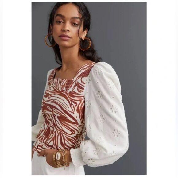 Anthropologie Love The Label Smocked Eyelet Puff Balloon Sleeve Blouse NWT PL - Picture 1 of 13